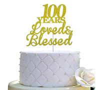 JIEEIN Decoración para tartas de 100 años amados y bendecidos para 100 cumpleaños, decoraciones de fiesta de aniversario de boda, purpurina dorada de doble cara