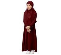 jieGorge Abaya - Vestido de oración árabe musulmán de manga larga para niñas, estilo ramadán, caftán abaya con hiyab, color sólido, bata islámica árabe para niños y niñas de 3 a 12 años, Vino, 9-10