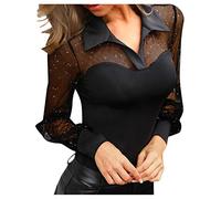 jieGorge Blusa elegante para mujer, manga larga con cuello en V, cuello en V, parte superior de punto, malla transparente, blusa informal, blusa para mujer