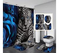 jieprom Juego de 4 Cortinas de Ducha de Rosa Azul y Leopardo con alfombras, Cubierta de Tapa de Inodoro y Alfombrilla de baño, Cortina de Ducha Azul con 12 Ganchos, Juego de decoración de baño