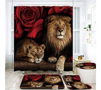 jieprom Juego de 4 cortinas de ducha de rosas rojas y león con alfombras antideslizantes, cubierta de tapa de inodoro y alfombrilla de baño, cortina de ducha de animales con 12 ganchos, juego de