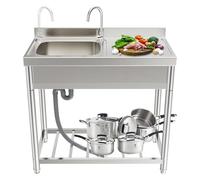 JIESOO Fregadero de acero inoxidable para cocina al aire libre, estación de lavado comercial independiente, juego de fregadero con estantes de almacenamiento