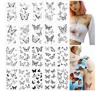 JIEYAO 20 Hojas Pegatinas de Tatuaje de Mariposa Negra, Temporales Impermeables Adultos, Etiqueta Realista 3D, Tatuajes Adhesivos para Mujeres Piel Cuerpo Brazo