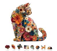 Jigfoxy Rompecabezas de madera de gato floral para adultos, rompecabezas único con forma de animal de 190 piezas, juego relajante para el cerebro, regalo creativo en caja premium (13.4 x 12.5 pulgadas
