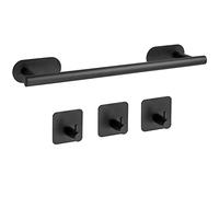 JiGiU Toallero Baño Sin Taladro 4 Piezas Toalleros Negros 40cm Juego de Accesorios de Baño Adhesivo 304 Acero Inoxidable 1 Toallero de Baño+ 3 Ganchos para Cocina Baño