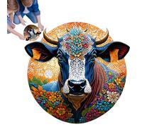 Jigsaw Puzzle - Cow Puzzle | Wooden Toy | Artistic Round Wooden Enigma Featuring Painted Cow’s Head with Floral and Abstract Design, Easy To, Perfect For Family Fun, Art Lovers, and Creative