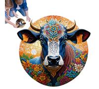 Jigsaw Puzzle - Cow Puzzle | Wooden Toy | Artistic Round Wooden Enigma Featuring Painted Cow’s Head with Floral and Abstract Design, Easy To, Perfect For Family Fun, Art Lovers, and Creative