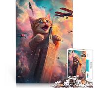 Jigsaw Puzzles for Adults 1000 Pieces Giant Cat Attack Building Made of Cardboard,for Age 14+ Challenging To Complete But Fun and Humorous Difficult Hard Gifts for Women Men 。Size:38x52cm