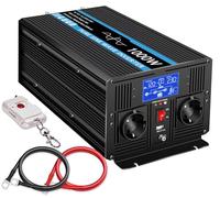 JIGUUN 1000W Inversor 12V 220V Onda Pura Inverter con Cargador 30A y Circuito Prioritario de Red y SAI，2 Tomas EU, Mando a Distancia Inalámbrico y Pantalla LCD Potencia Pico 2000W (1000W12V)