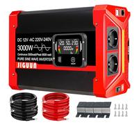 JIGUUN 3000W Inversor 12V 220V Onda Pura Convertidor Inverter con 2 Tomas EU y 3 Puertos USB+Tycp-C, Mando a Distancia Desmontable y Pantalla LCD Potencia máxima 9000W