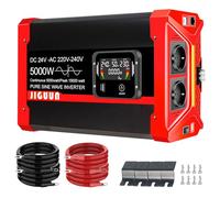 JIGUUN 5000W Inversor 24V 220V Onda Pura Convertidor Inverter con 2 Tomas EU y 3 Puertos USB+Tycp-C, Mando a Distancia Desmontable y Pantalla LCD Potencia máxima 15000W