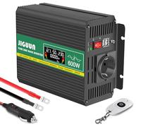 JIGUUN 600W inversor 12V/24V 220V Onda Pura Convertidor Inverter con Toma EU y 2 Salidas USB 2.4A，Mando a Distancia inalámbrico y Pantalla LCD Potencia máxima 1200W para RV, Viajes, emergencias