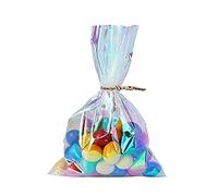 JIHUOO 100 bolsas de celofán holográfico iridiscente de 80 x 130 mm, bolsas de galletas con lazos giratorios