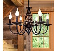 JIINOO Lámpara de Araña de Estilo Tradicional Country, Lámpara de Techo de Hierro Forjado con Vela Ajustable en Altura Vintage, 6 Luces Farmhouse Classic Lámpara Colgante para Cocina Sala de Estar