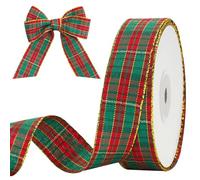 jijAcraft Cinta de Navidad de 25 mm de ancho, rojo y verde, cinta decorativa de Navidad, cinta a cuadros con borde dorado, cinta de regalo de 22 m para manualidades navideñas, paquetes de regalo y