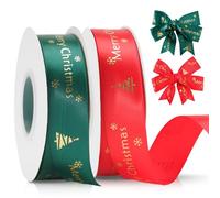 jijAcraft Cinta de raso para Navidad, 25 mm, cinta de Navidad roja y verde con patrón de árbol de Navidad, 44 m, cinta de tela Merry Christmas - para Navidad, decoración y embalaje de regalo