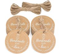 jijAcraft Etiquetas de Papel Kraft Redondas 5CM con "Handmade with love", 100 Uds Etiquetas + Cordel de Yute, para Regalos Hechos a Mano Favores de Fiesta (marrón)