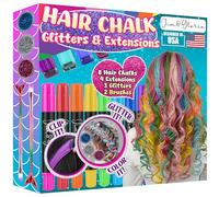 Jim&Gloria Dustless Hair Chalk for Girls Washable with Clip in Hair Extensions, Brushes and Glitters, Kids Temporary Color Dye, Gifts for Teen Girl Trendy Stuff, Teenage 7 8 9 10 11 12 13 14 Year Old