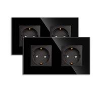 JIMEIDA 2pcs toma de corriente doble en negro, tomas Schuko de cristal de 16A empotradas contacto de protección toma de pared 157 * 86mm, 250V