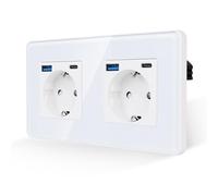 JIMEIDA Enchufe doble blanco, placa de cristal curvada 2,5D, 16 A, con puerto USB-A y puerto tipo C 2,1 A, enchufe de pared empotrado, 157 x 86 mm, 250 V