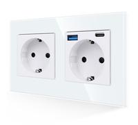 JIMEIDA Enchufe Doble con USB en Blanco, Enchufes Schuko de Cristal de 16Amp con Conector USB de Carga Rápida y Puerto Tipo C , Enchufe de Pared de Montaje Empotrado-157*86mm, 250V, 2 compartimento