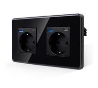 JIMEIDA Enchufe doble negro empotrado, placa de cristal, 16 A, enchufe Schuko con puerto USB-A y tipo C 2.1 A, enchufe de pared 157 x 86 mm, 250 V