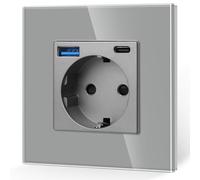 JIMEIDA Enchufe Individual con USB en Gris, 16Amp Enchufes Schuko de Cristal con Conector USB de Carga Rápida y Puerto Tipo C max.3.1A,-86mm, 250V, 1 compartimento