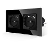 JIMEIDA Enchufes Dobles con USB en Negro,Enchufes de Vidrio de 16Amp con Carga Rápida USB y Puerto Tipo C Enchufe de Pared al Ras-157 * 86mm,250V