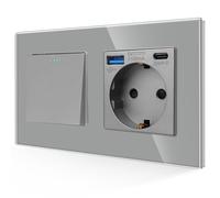 JIMEIDA Interruptor de luz con enchufe USB gris, puerto USB A y tipo C máx. 3,1 A, 1 vía con placa de cristal, interruptor basculante de pared, 10 A, 250 V