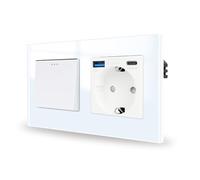 JIMEIDA Interruptor de luz con toma de corriente, 20 W, carga rápida, blanco con puertos USB (USB A y tipo C), 1 vía, empotrado, toma de cristal, botón, interruptor, 157 x 86 mm, 10 amp, 250 V