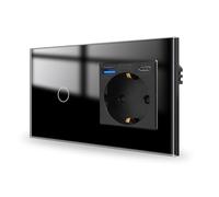 JIMEIDA Interruptor de luz táctil con enchufe, carga rápida de 20 W, color negro, puertos USB (A y tipo C), 1 vía, panel de cristal e interruptor de pared LED de estado