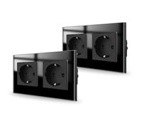 JIMEIDA Paquete de 2 enchufes dobles de vidrio negro empotrados, enchufes Schuko con contacto protector, enchufe de pared de 16 amperios, 250 V, 157 mm x 86 mm