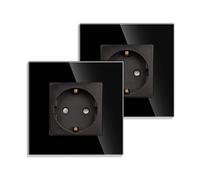 JIMEIDA Paquete de 2 tomas de corriente individuales en negro, tomas Schuko de cristal de 16 amperios, montaje empotrado, contacto de toma de tierra, clavija de pared de 86 mm, 250 V, 1 compartimento