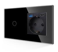 JIMEIDA Toma USB 20W con interruptor de luz en negro, Toma Schuko de empotrar 3 en 1 cristal 16A con 1 cargador USB y 1 puerto Tipo C, interruptor de pared táctil 1 vía 1 pin con LED de estado