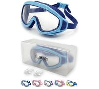 JIMJOOS Gafas de natación para niños de 6 a 14 años, antivaho, a prueba de fugas, correa trasera ajustable, funda rígida y tapones de silicona incluidos (azul oscuro, azul cielo)
