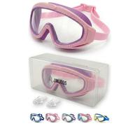 JIMJOOS Gafas de natación para niños de 6 a 14 años, antivaho, a prueba de fugas, correa trasera ajustable, funda rígida y tapones de silicona incluidos (rosa y morado)