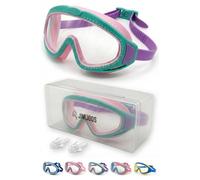 JIMJOOS Gafas de natación para niños de 6 a 14 años, antivaho, a prueba de fugas, correa trasera ajustable, funda rígida y tapones de silicona incluidos (verde, rosa y morado)