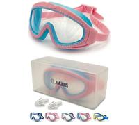 JIMJOOS Gafas de natación para niños de 6 a 14 años, antivaho, a prueba de fugas, correa trasera ajustable, funda rígida y tapones de silicona incluidos (rosa y azul cielo)