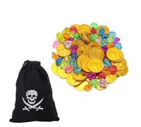 Jimkply - Juego de 100 tesoros piratas con monedas de oro y piedras preciosas, para cumpleaños infantiles, búsqueda del tesoro y decoración de fiesta pirata, con 1 bolsa de almacenamiento