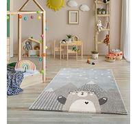 Jimri Alfombra para habitación Infantil, Alfombra para habitación Infantil, Alfombra Infantil con montañas, Oso, Panda, Estrellas, Color Turquesa y Beis, tamaño: 120 x 170 cm
