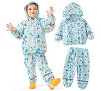 JinBei Chubasquero Niños Ligero Traje Impermeable Niño 2 Piezas con Capucha Chaqueta y Pantalones Reflectante Transpirable Conjunto Ropa de lluvia Dinosaurios Estampado Azul 4-5 años