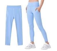 JinBei Leggings Niña Cintura Alta Fitness, Mallas Elásticos Transpirable con 2 Bolsillos, Pantalones Deportivos para Niñas Casual Larga Running Casual Monocromo Leggings para 9-10 Años, Azul