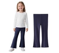 JinBei Leggings Niñas Algodón Pantalones Acampanados Mallas Largos de Canalé Transpirable Legging con Cintura Elástica Cómodos Ropa Infantiles Azul Marino para Casual Baile Deportes, 6-7 Años