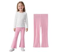 JinBei Leggings Niñas Elástico Pantalones Acampanados Mallas Largos Algodón de Canalé Suave Transpirable Legging con Cintura Elástica Cómodos Ropa Infantiles Rosa Casual Deportes, 5-6 Años