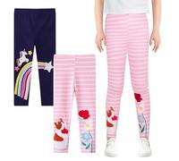 JinBei Leggings para Niñas Pack de 2 Tela de Algodón Transpirable Bordados Azul Marino Arco-Iris Unicornios Rosa Rayas Pantalón Elegantes Pantalones Cómodos Deportes Escuela para Niños 6-7 Años