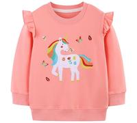 JinBei Niña Camiseta Manga Larga Sudadera Cuello Redondo Jersey Niña Unicornio Motivo Pullover con Volantes Algodón Sudadera Informal Tops para niñas Talla, 6-7 años