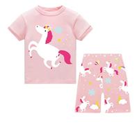 JinBei Niña Pijamas Corto, Conjunto De Manga Corta Infantil Algodón Cómodo 2 Piezas Crop Top Camiseta y Pantalon Cortos Rosa Caballo Estampado Pijama Verano Ropa, Regalo para Niña 5-6 Años