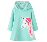 JinBei Niñas Vestidos con Capucha Unicornio Lentejuelas Largo Túnica Pullover Tops Manga Larga Algodón Suéter Casual Verde Otoño Sudadera con Capucha 6-7 años