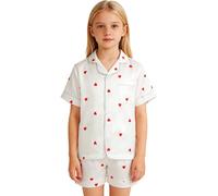 JinBei Pijama Niña Verano, Conjunto de Pijamas Manga Corta Infantil Satén Cómodo 2 Piezas Camisa de Botones y Pantalon Cortos Fresco Ligero Pijama Dormir Casa Ropa Corazón Blanco, 11-12 Años