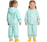 JinBei Traje Impermeable Niños Ligero Chubasquero Niña 2 Piezas con Capucha Chaqueta Impermeable Pantalones Reflectante Transpirable Conjunto Ropa de lluvia Unisex Estampado Verde 6-7 años